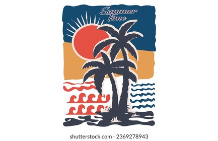 Summer Time Surfing Boats Colorful Beach Illustration Design, Hello, Summer California Beach Vector T-shirt Design. svg