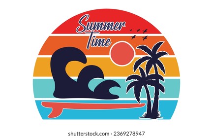 Summer Time Surfing Boats Colorful Beach Illustration Design, Hello, Summer California Beach Vector T-shirt Design.