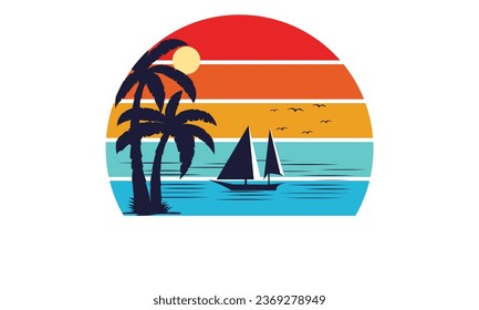 Summer Time Surfing Boats Colorful Beach Illustration Design, Hello, Summer California Beach Vector T-shirt Design.