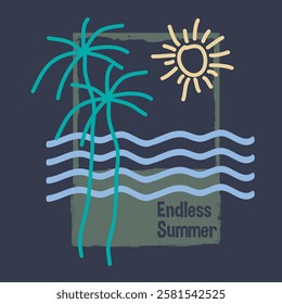 Summer Time Surfing Boats Colorful Beach Illustration Design, Hello, Summer California Beach Vector T-shirt Design.