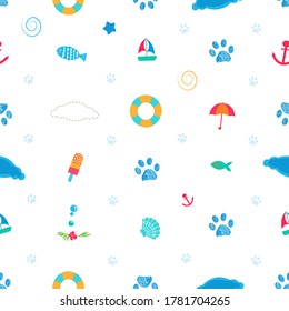 Summer time symbols with cute doodle paw prints funny summer pattern 