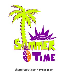 Summer time t shirt design on white background with hand drawn lettering composition and silhouette of palms, pineapple, decorative ethnic sun. Colorful poster