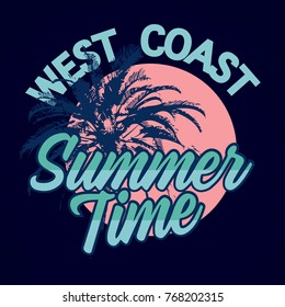 Summer time  tee print vector design with palm. Tropical print.California