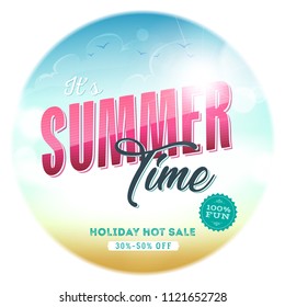 Summer Time Template Badge/
Illustration of a summer sale template badge with colorful elements, sand and sky background