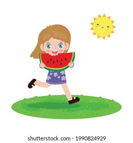 summer time template banner, Cute little kids holding watermelon and jumping feeling happy in hot sunny day vacation flat cartoon isolated on white background vector illustration