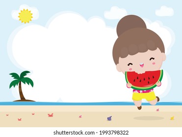 Sommerzeit-Template-Banner, Cute kleine Kinder, die Wassermelone halten und am Strand springen, glücklich in heißen sonnigen Urlaub flacher Cartoon einzeln auf Hintergrund Vektorgrafik