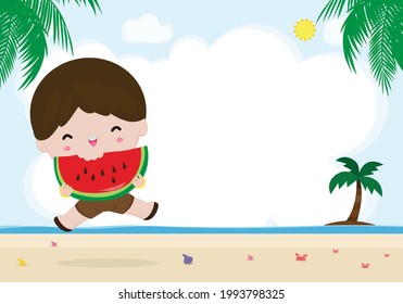 summer time template banner, Cute little kids holding watermelon and jumping on beach, happy in hot sunny day vacation flat cartoon isolated on background vector illustration