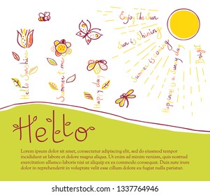 Summer time template. Hand-drawn illustration with flowers, glade, cute insects and sun. Hello Summer vector background with lettering and doodles