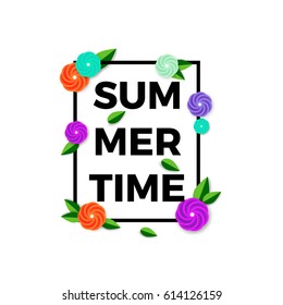 Summer time. Template with pink, yellow and blue flowers. For your design, greeting cards and banners. Vector illustration. 