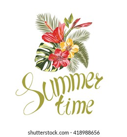 Summer time. Template Tropical Flower Bouquets on isolated background. Vector Colorful blooming branches. Ideally for design banners, posters, wallpaper, tourist brochure, of advertising and etc.