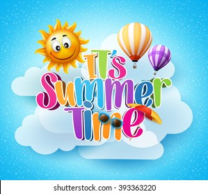 Summer Time Text in the Blue Sky Background with Clouds and Smiling Sun with Flying Balloons. Vector Illustration
