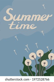 Summer time text card. Dandelions on a blue background. Vector illustration.