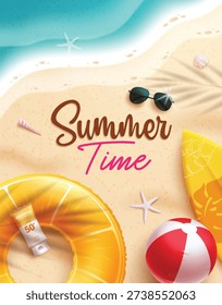 Summer Time text clipart poster design. Summer Time text in seashore beach background with summer elements clip art for vacation holiday postcard template vector illustration.

