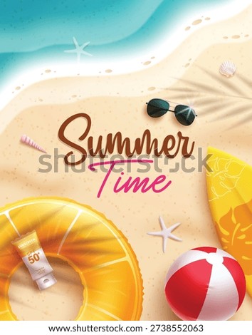 Summer Time text clipart poster design. Summer Time text in seashore beach background with summer elements clip art for vacation holiday postcard template vector illustration.
