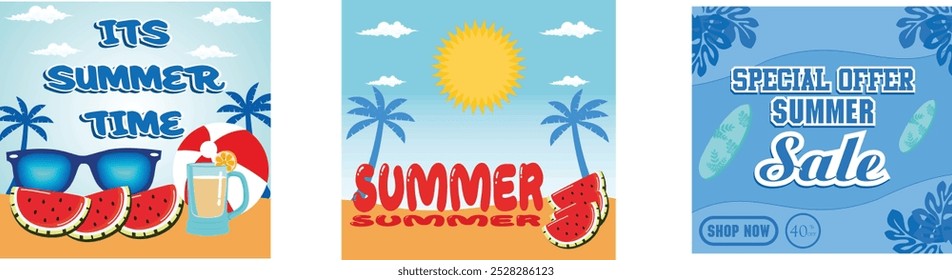 Summer time for text and colorful beach elements. Summer text on beach island with summer elements. Creative summer sale banner with bright colors. Set flat vector modern illustration
