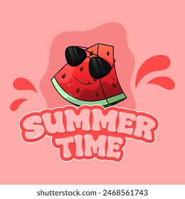 Summer time text with a cool cartoon watermelon slice wearing black sunglasses.
