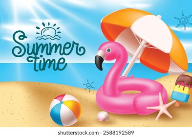 Summer time text with summer elements like flamingo, umbrella, beach ball, sea shell, popsicle and starfish, For holiday vacation in sea side background vector illustration,