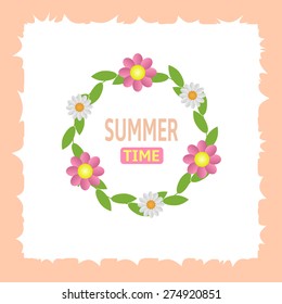 Summer time text with green laurels and flowers. Vector illustration.