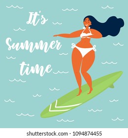 Its summer time text. Hawaiian carribean girl surfer in a swimsuit on a longboard surfboard rides a wave. Beach lifestyle poster in retro style. Vector flat cartoon illustration