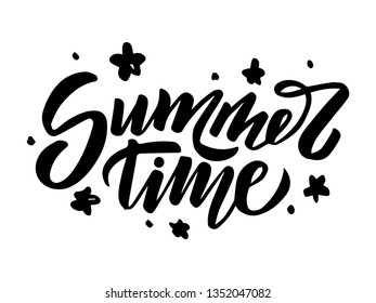 Summer time text isolated on white background. Lettering postcard with calligraphic design elements. Vector illustration for print on t-shirt, postcard, invitation. EPS 10