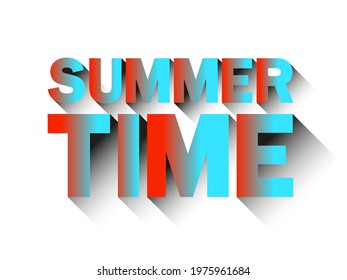 Summer time, text isolated on white background. Gradient of red and blue. Letters with long shadow. 80s retro design for fashion banners, posters and party invitations. Vector illustration