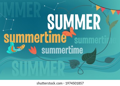 Summer time, text on a blue background, with flowers, sky, stars, river and fish. Vector illustration, banner for the festival, travel facebook cover.