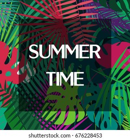 Summer time text on colorful palm leaves. Vector design pattern.