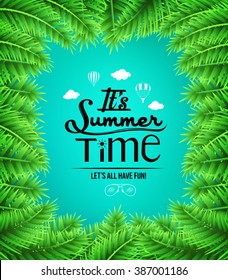 Summer Time Text with Palm Tree Leaves Boarders in Blue Background. Vector Illustration
