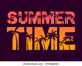 Summer time. Text with palm trees on a sunset. 80s retro design for banner, poster and party invitations. Vector illustration