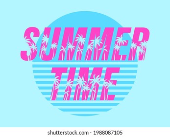 Summer time. Text with palm trees on a sunset. 80s retro design for banner, poster and party invitations. Vector illustration