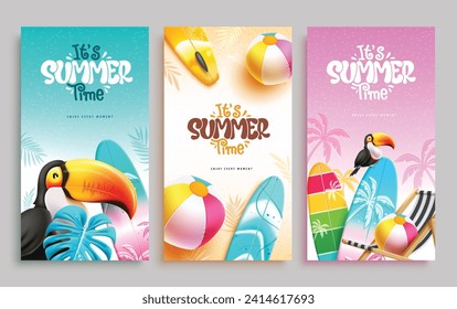 Diseño de conjunto de afiches de texto de verano. Es un texto de verano con elementos de decoración toscana, de surf y de bola de playa para la recogida de temporada tropical. Anuncio de póster de horario de verano de ilustraciones de vectores