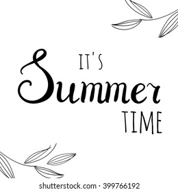 Summer Time text. Romantic template for greeting cards and invitation. Spring wording with doodle leaves on white background. vector illustration