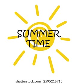 Summer time text simple banner with wave. Kids drawing bright yellow sun and text. Seasonal summer sunny design, holiday mood. Vector graphic