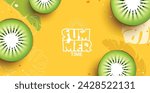 Summer time text vector background. Summertime greeting text with slice kiwi tropical fruit in yellow background for seasonal template. Vector illustration summer time greeting banner. 
