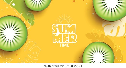 Summer time text vector background. Summertime greeting text with slice kiwi tropical fruit in yellow background for seasonal template. Vector illustration summer time greeting banner. 
