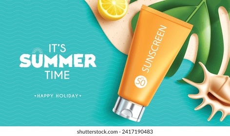 Summer time text vector banner. It's summer time happy holiday with sunscreen lotion for product advertisement and brochure design. Vector illustration summer time banner design. 
