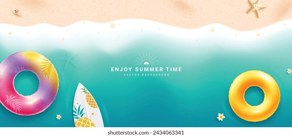 Summer time text vector banner background. Summer time greeting with floaters and surfboard elements in beach seashore top view background. Vector illustration summer greeting banner. 
