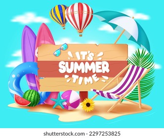 Summer time text vector design. It's summer time signage in wooden space with beach elements. Vector illustration holiday season template.