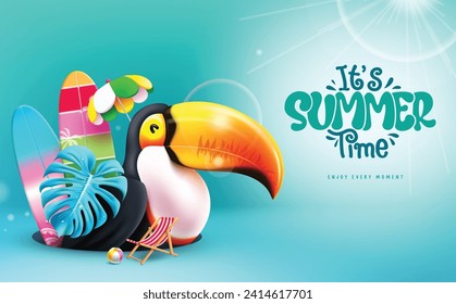 Summer time text vector design. It's summer time enjoy every moment text with toucan bird and surf board beach elements. Vector illustration summer time seasonal background.
