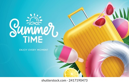 Diseño vectorial de texto de verano. Bolsa de equipaje de vacaciones de verano en la playa, flotadores, gafas de sol y elementos decorativos de la bola de playa. Ilustración vectorial del saludo de verano. 
