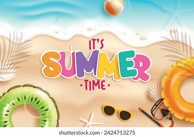 Summer time text vector design. It's summer time greeting text in seashore and beach sand with floaters, sunglasses and seashells elements decoration for tropical season background. Vector 