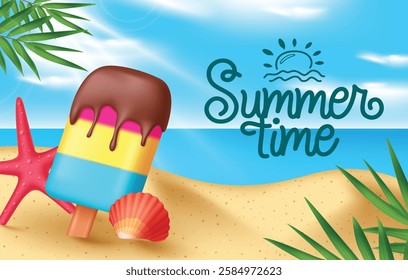 Summer time text vector design.  Summer time greeting text beach time with popsicle, starfish, sea shell and palm leaves elements in beach seaside background. Vector illustration summer time greeting 