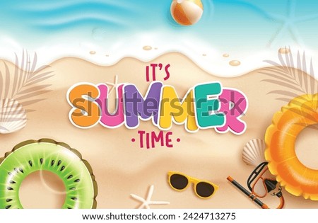 Summer time text vector design. It's summer time greeting text in seashore and beach sand with floaters, sunglasses and seashells elements decoration for tropical season background. Vector 