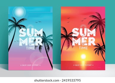 Summer time text vector poster set design. Summer time tropical season collection in daytime sunny day and night time background collection. Vector illustration summer time flyers and brochure collect