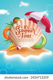 Summer time text vector poster design. It's summer time greeting text in shell clamp with umbrella, floaters and sand beach elements in blue sea background. Vector illustration summer greeting 