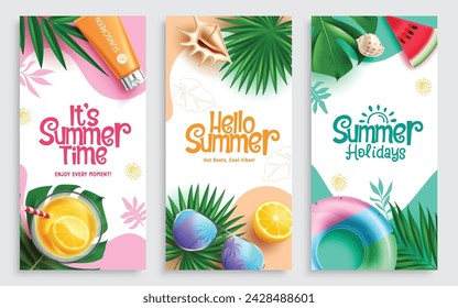 It's summer time text vector poster set. Summer time greeting text with drinks, sunglasses, floaters and sunscreen beach elements for seasonal holiday flyers design collection. Vector illustration 