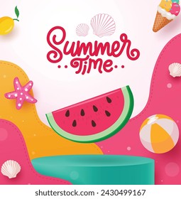 Summer time text vector poster. Summer time greeting with cute watermelon fruit elements in podium stage for product presentation design. Vector illustration summer time greeting poster.
