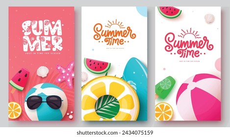 Summer time text vector poster set. Summer time greeting with beachball, sunglasses, floaters and watermelon decoration elements for tropical season collection. Vector illustration summer time 