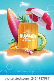 Summer time text vector poster design. It's summer time greeting with luggage bag, surfboard, floaters and umbrella elements in sand island beach seashore background. Vector illustration summer time 