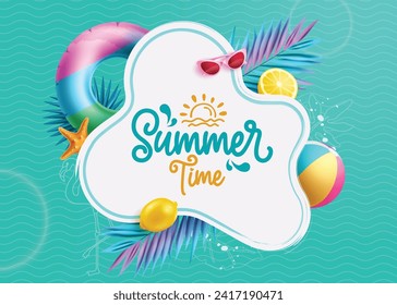 Summer time text vector template. Summer time typography in white space with floaters, beachball and lemon beach elements for tropical seasonal design. Vector illustration summer time greeting. 

